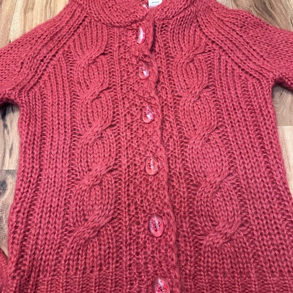Sleeping on Snow Anthropologie Mohair Hooded Cable Knit Cardigan Sweater Red S